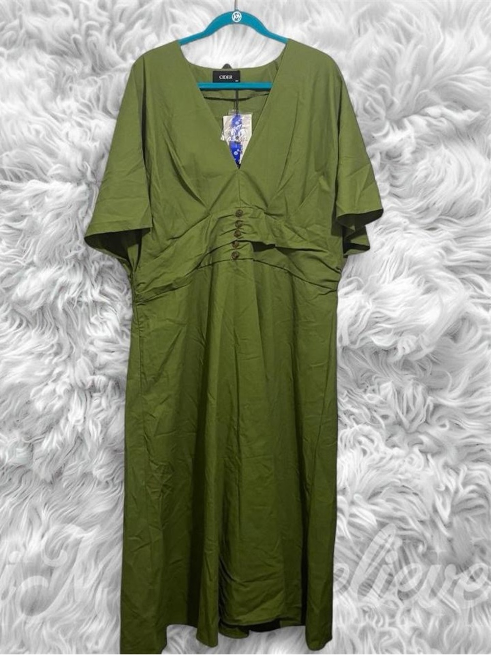 Cider Olive Green V-Neck Button-Front Maxi Dress
